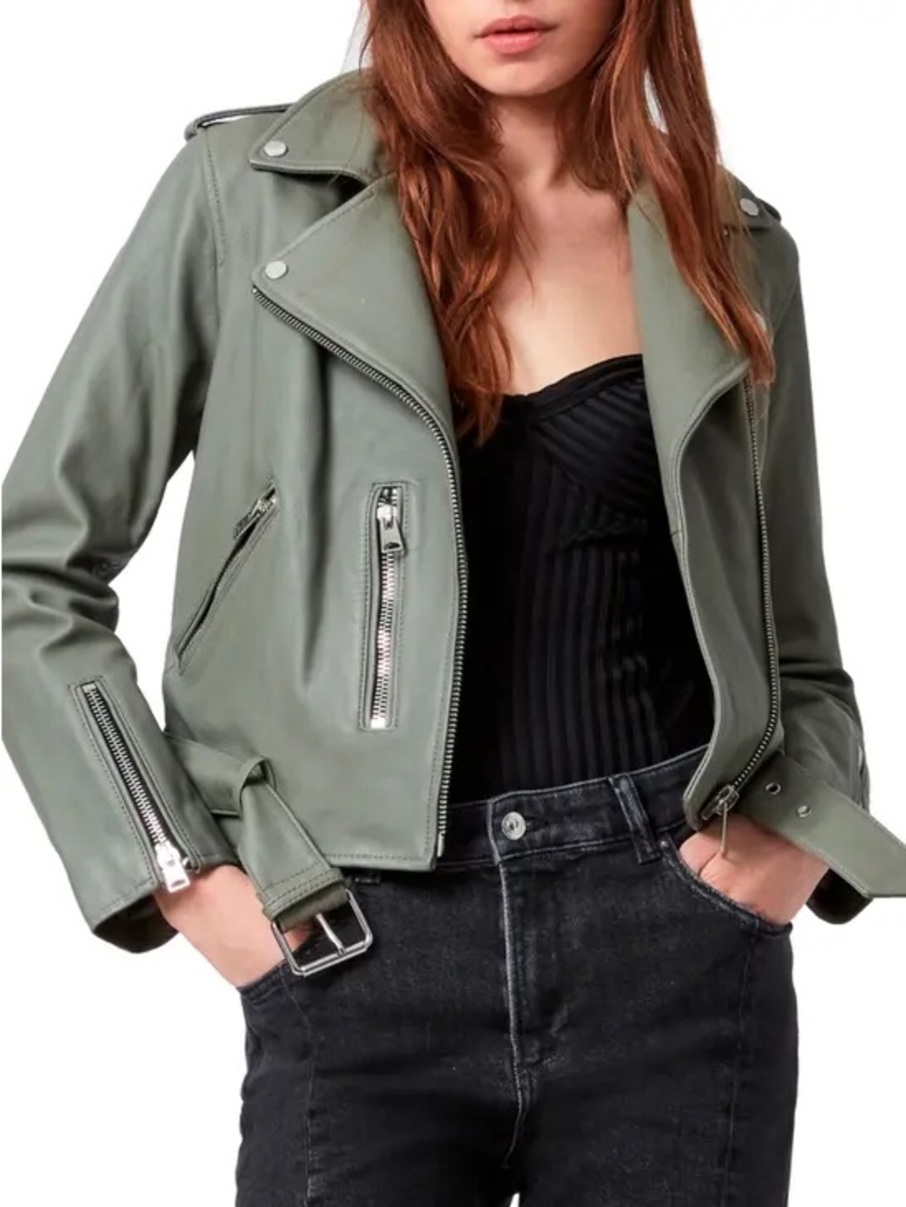 All Saints Balfern Leather Jacket Sage Green Size US 4